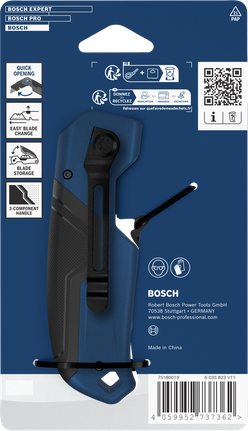 Dao gấp Bosch với lưỡi thép SK5 và cơ chế mở nhanh.